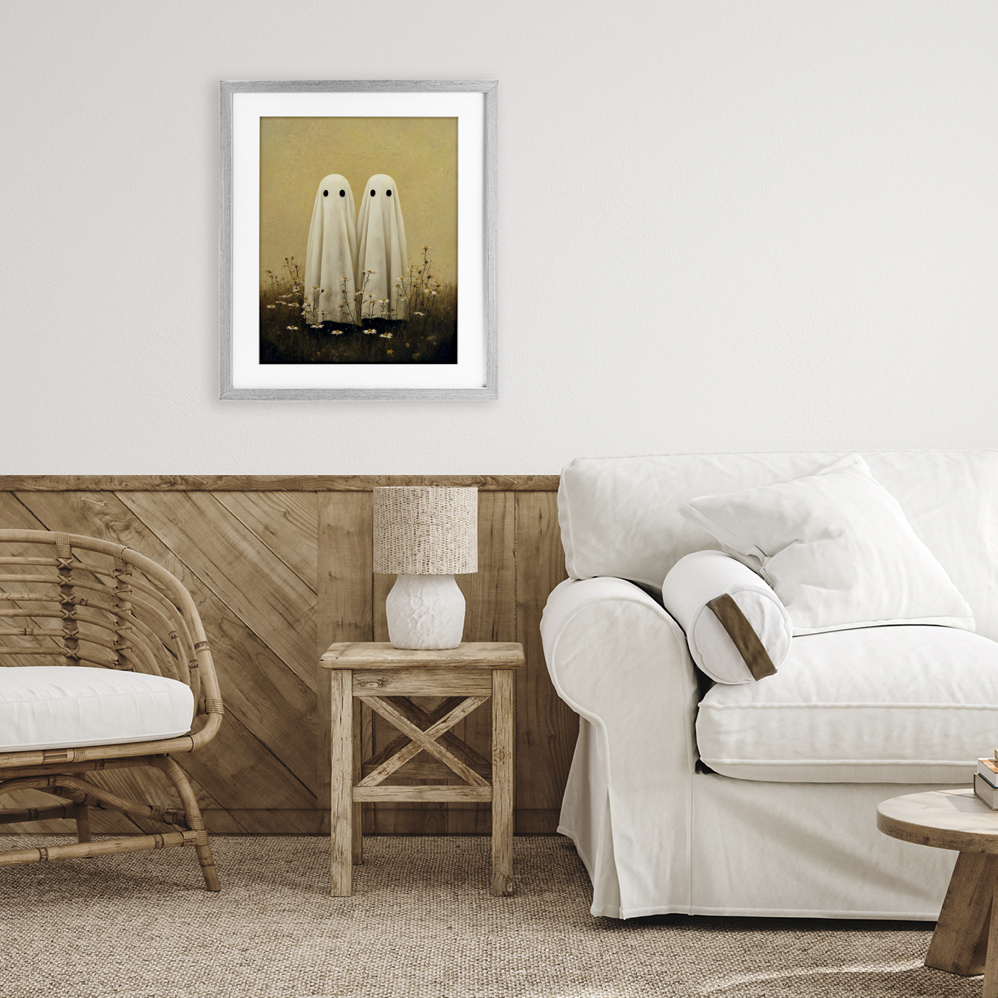 Daisy Ghost Couple Gray Framed Print Under Glass, design by Arlington Prints