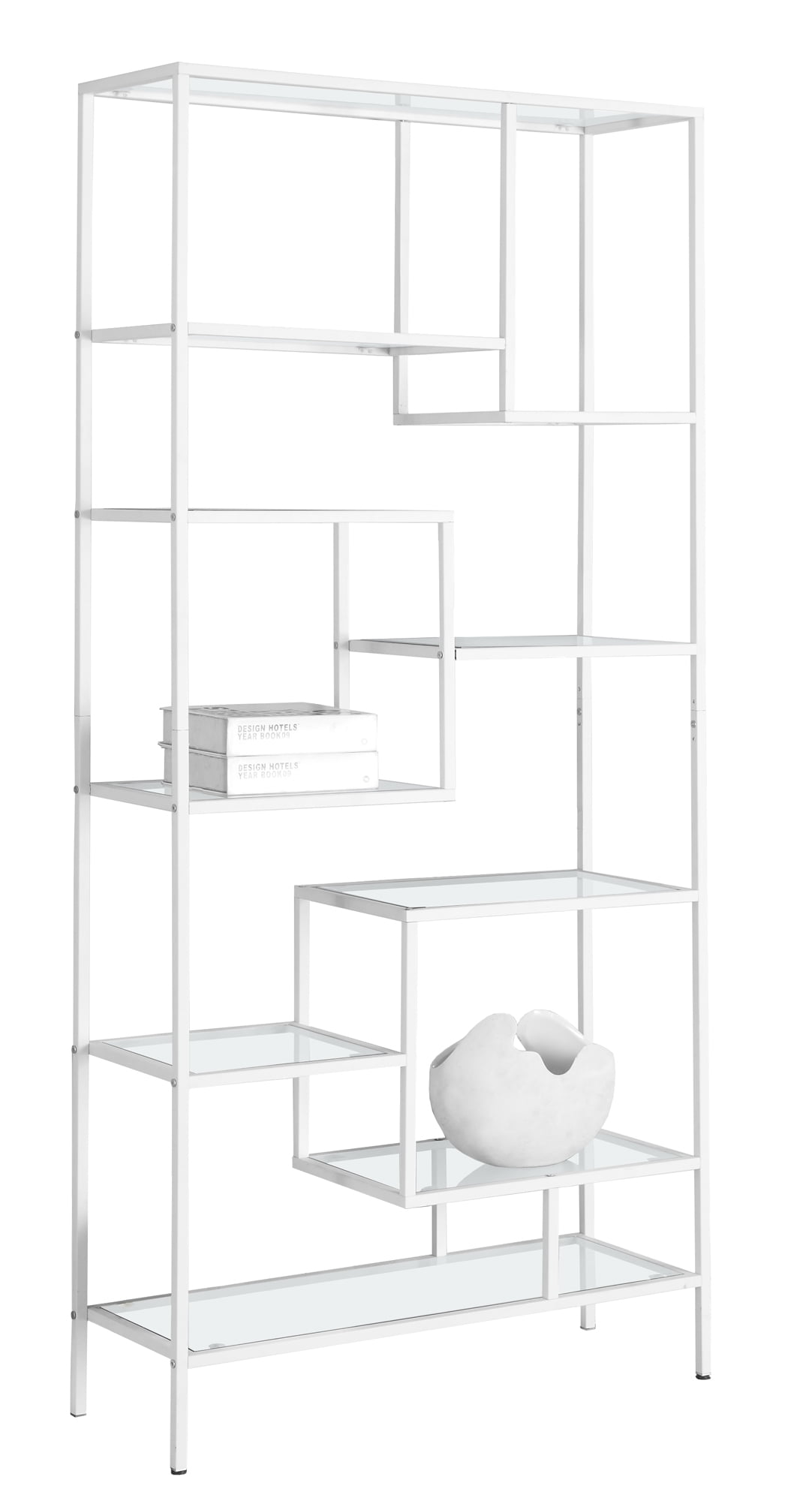 12" x 32" x 72" White, Clear, Tempered Glass, Metal Bookcase
