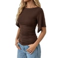 thumbnail image 2 of MOYIKO T Shirts for Women Boat Neck 3/4 Flare Sleeve Ruched Fitted Shirts, 2 of 7