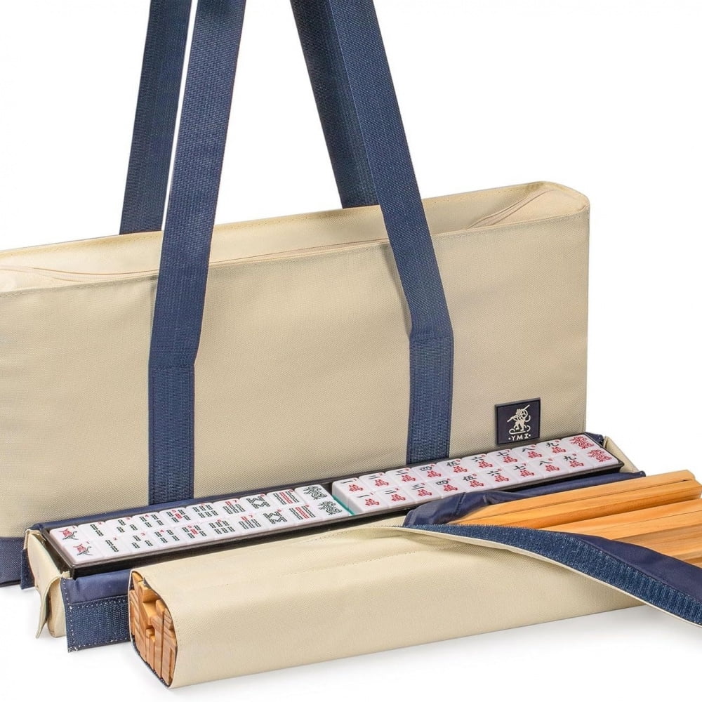 American Mahjong Set - 166 premium white mahjong tiles, 4 integrated tile holders/pushers, canvas bag