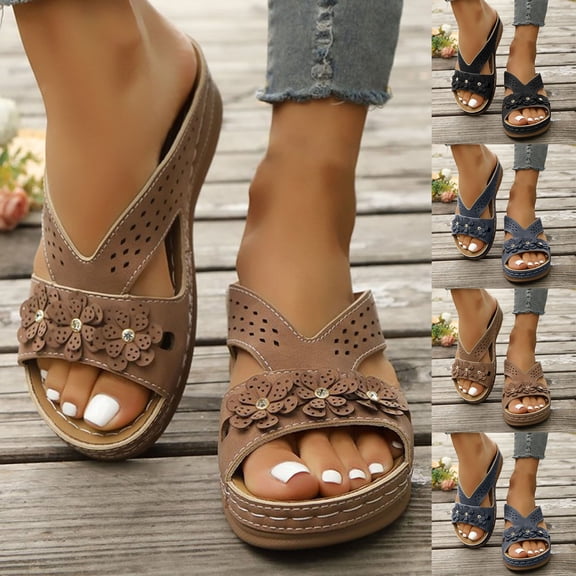 YangJinLian Women's Flower Bohemian Slide Sandals Dressy, Slip On Comfortable Wedge Platform Shoes for Summer Brown