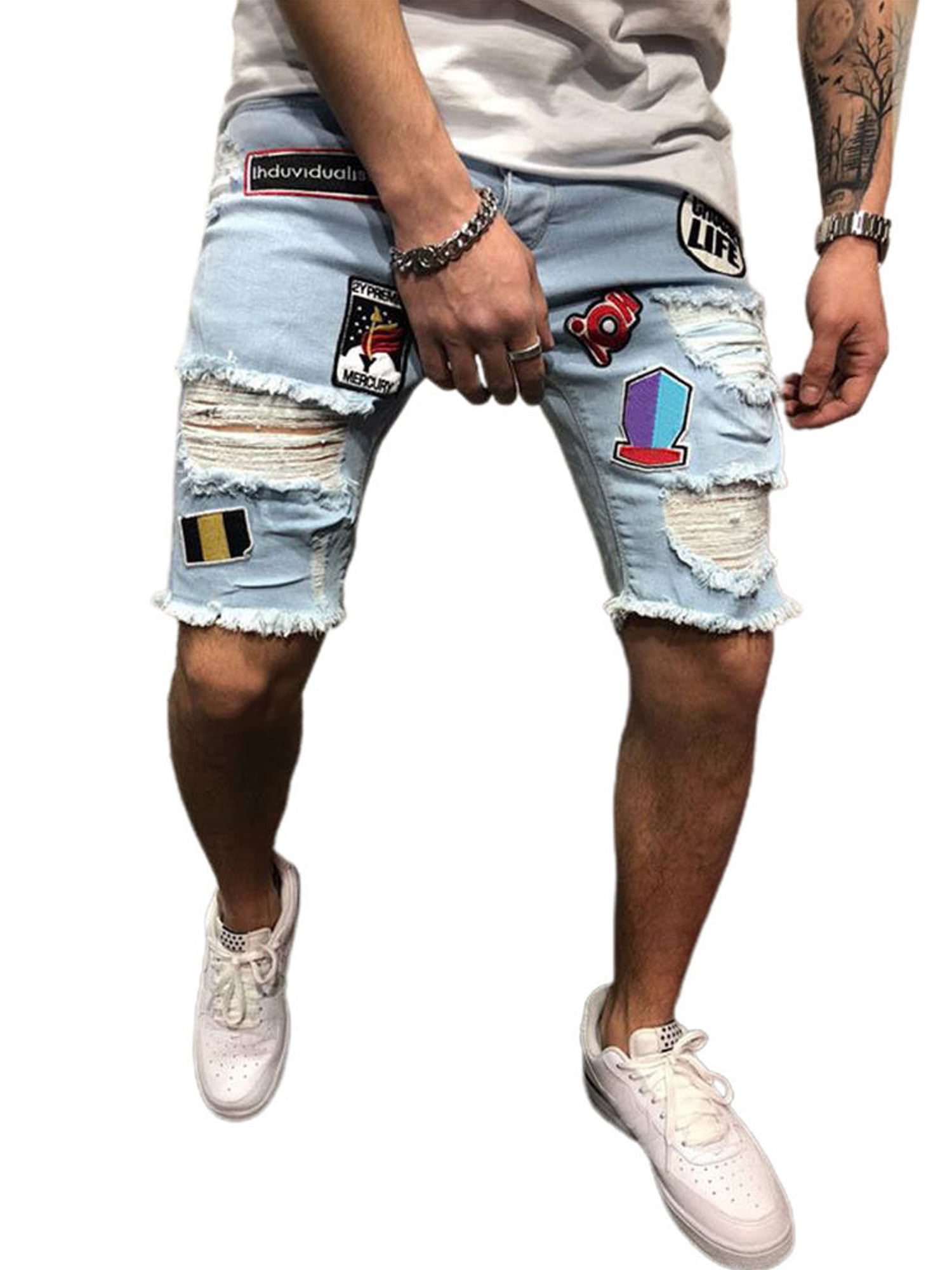AMAZING AMAZING Men Hole Denim Shorts Male Short Jeans 2019 New Summer Casual Blue Short Jeans Short Pants