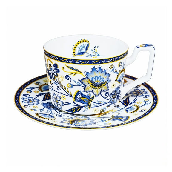 LanHong 8.5 Ounces Tea Cup and Saucer Set Floral Coffee Cup with Saucer Bone China Teacup and Saucer Set Gift for Mom Friend Tea Party