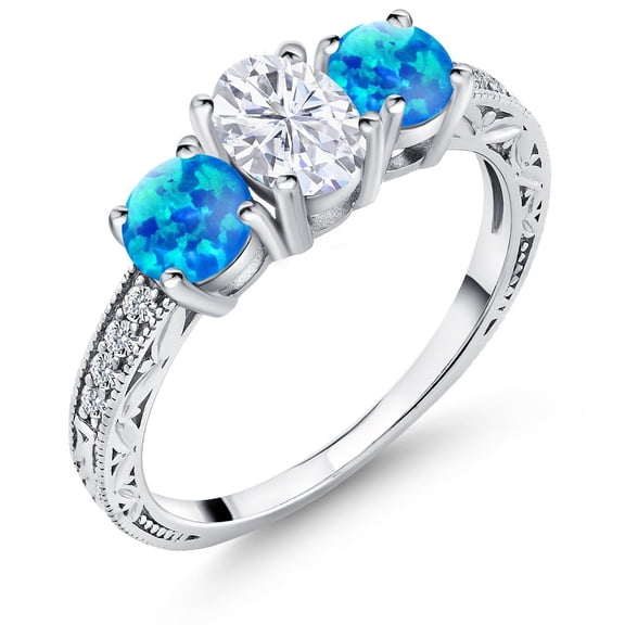 Gem Stone King 925 Sterling Silver Blue Simulated Opal Ring Set with Oval Moissanite (2.02 Cttw) (Size 5)