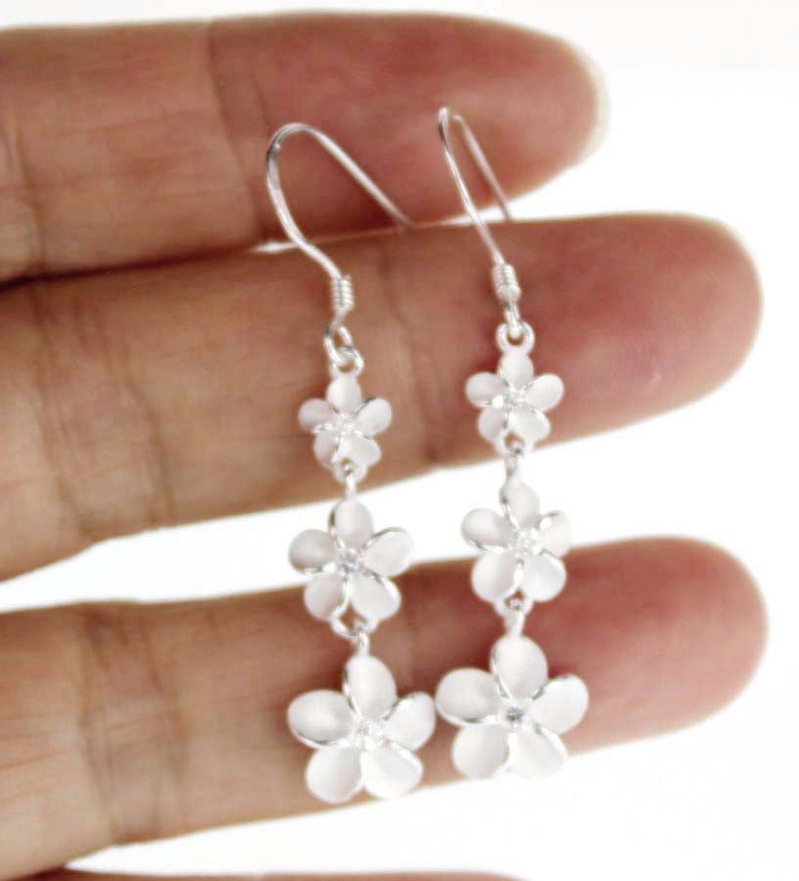 Hawaiian Jewelry Sterling Silver 3 Plumeria Flower with Clear Crystal Hook Earring