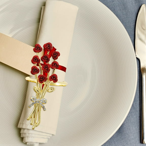 Red Rose Napkin Rings Gold Plated Napkin Ring Holders for Cloth Napkins Christmas Holiday Party Dinner Table Decoration Birthday Anniversary Wedding Mothers Day Valentines Day Decorations