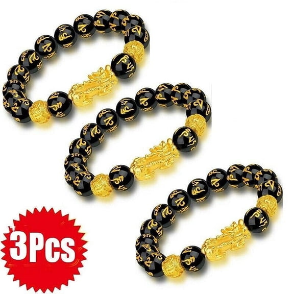 DESIGNICE Black Obsidian Beads Bracelet Pi Xiu/PiYao Lucky Bangle Attract Wealth Good Luck Amulet (3 Pack)
