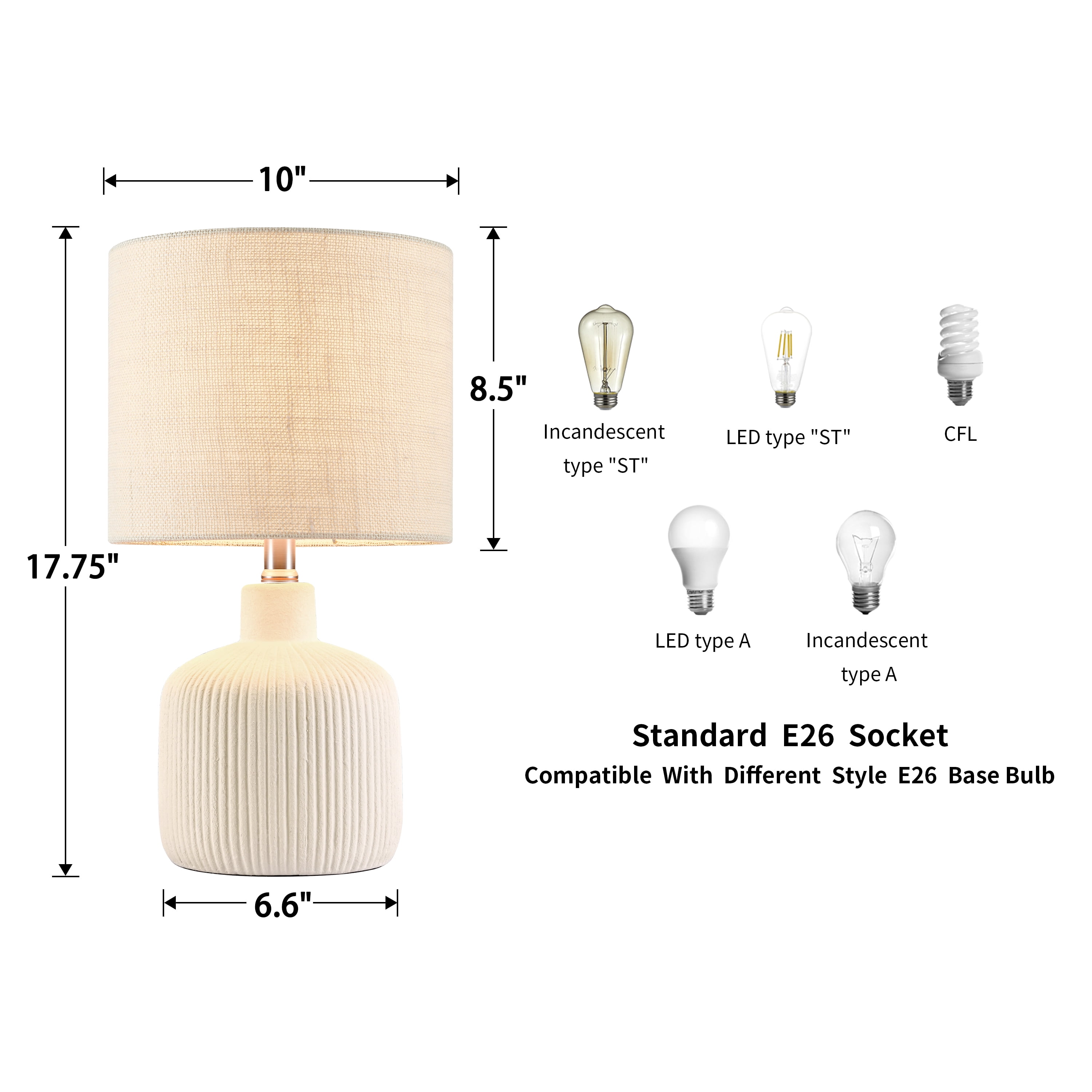 KAWOTI 17.75 in. Farmhouse Off White Ceramic Table Lamp with Beige shade
