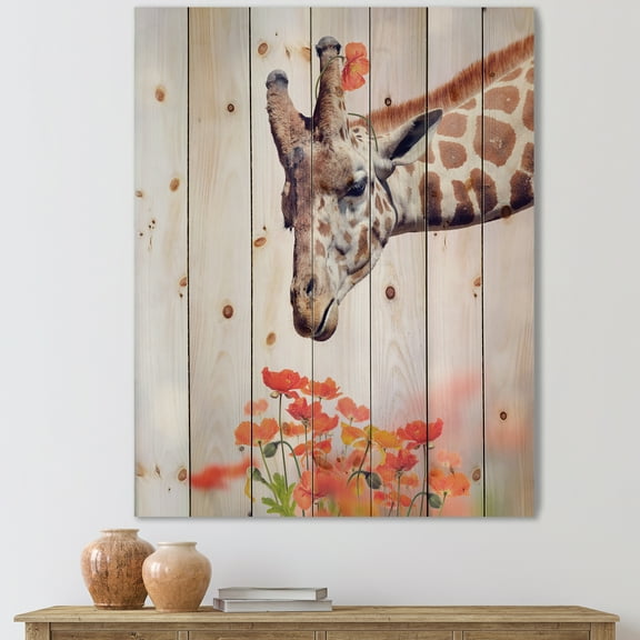 Designart 'Portrait of A Giraffe With Orange Flowers' Farmhouse Print on Natural Pine Wood