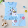thumbnail image 2 of larppty Toddler Baby Girls 2 Piece Pajamas Set, Unicorn Rainbow Print Ruffle Sleeveless Top & Shorts, Soft Cotton Kids Summer Sleepwear（Sky Blue, 4-5 Years）, 2 of 8