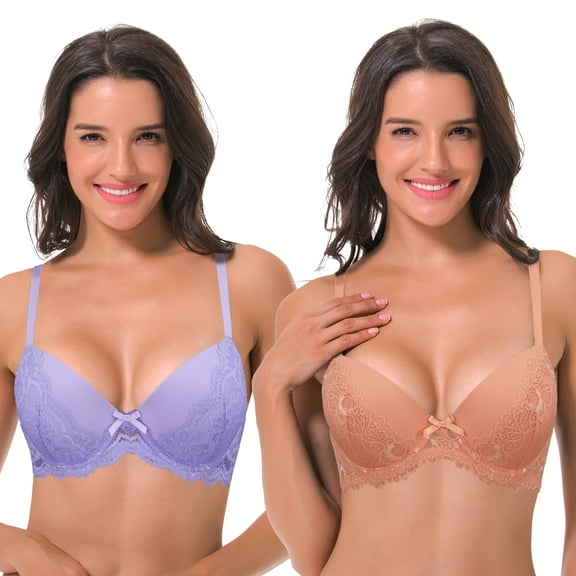 Curve Muse Women’s Plus Size Lightly Padded Underwire Balconette Bra -2PK-LAVENDER,TAWNY ORANGE-34B