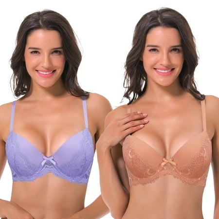 Curve Muse Womens Plus Size Lightly Padded Underwire Balconette Bra -2PK-LAVENDER TAWNY ORANGE-48DDD