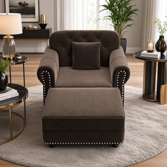 Chesterfield Chair , Mid-Century Modern Velvet Accent Chair with Ottoman & Nailhead Trim, Button Tufted Armchair with Rolled Armrests & Pillow, Comfy Lounge Set for Living Room Bedroom, Brown