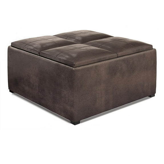 Square Coffee Table Storage Ottoman Distressed Brown Vegan Leather Living Room Footrest 35"
