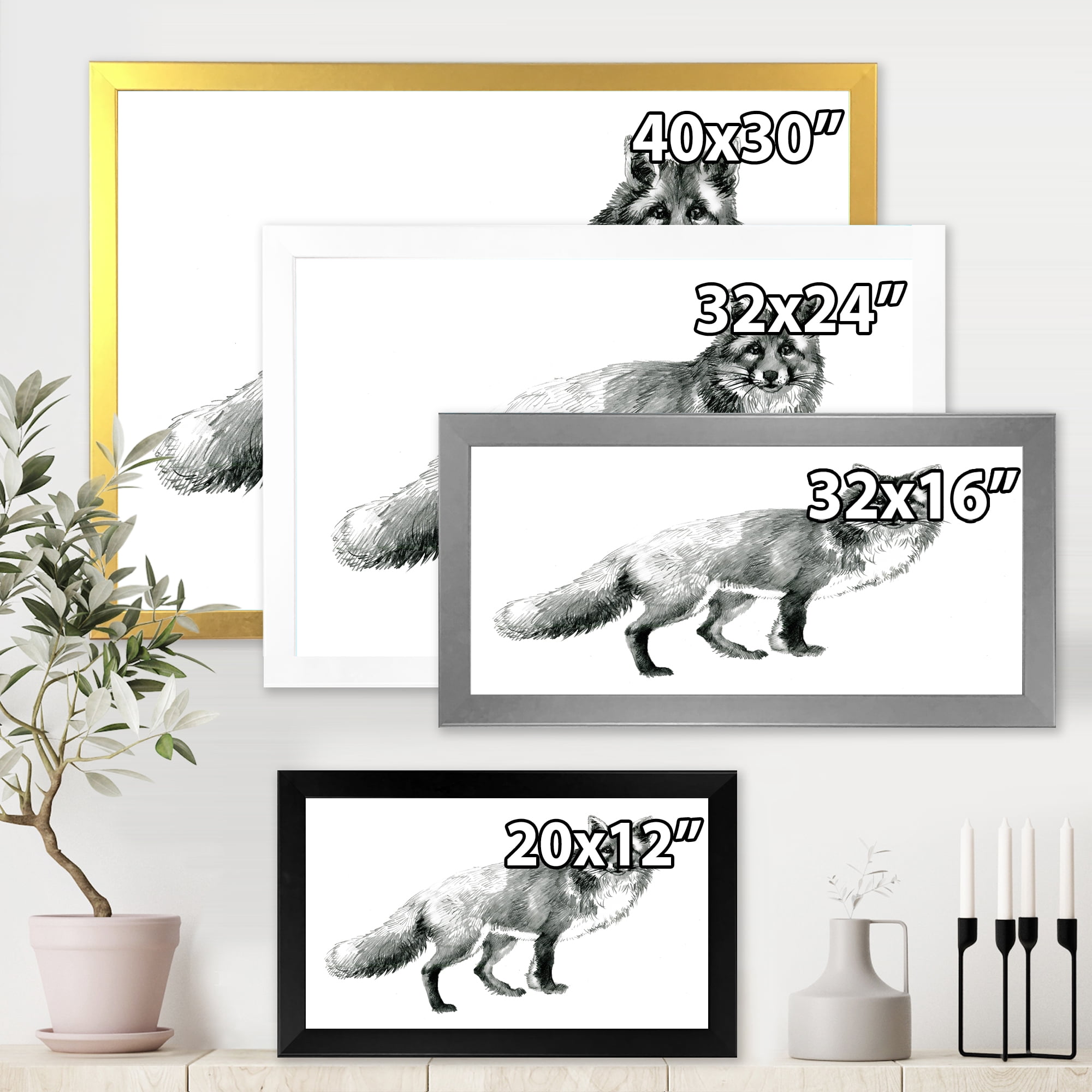 Designart 'Black and White Portrait Fox' Farmhouse Framed Art Print