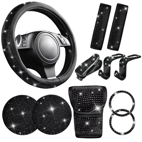 GUANGHUI 11 PCS Bling Car Accessories, Sparkly Rhinestone Diamond Steering Wheel Cover, Bling Seat Belt Cushion, Glitter Shift Knob Cover, Car Cup Holder Coaster, Cute Interior Sets Red