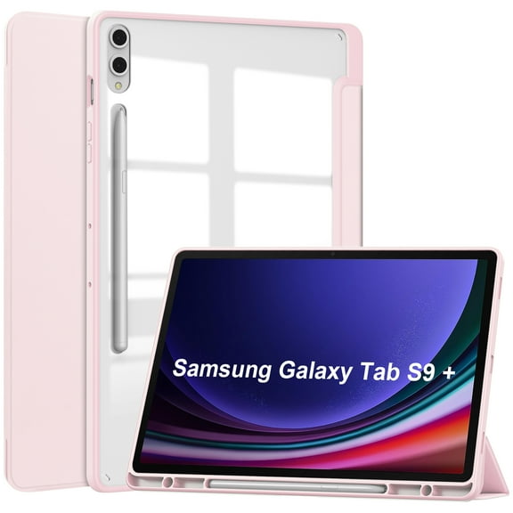 Triple-Fold Case for Samsung Galaxy Tab S10 12.4" 2024 with Pencil Holder, Clear Transparent Back Slim Adjustable Kickstand Shockproof Tablet Cover, Auto Wake/Sleep Magnetic for Tab S10 , Rosegold