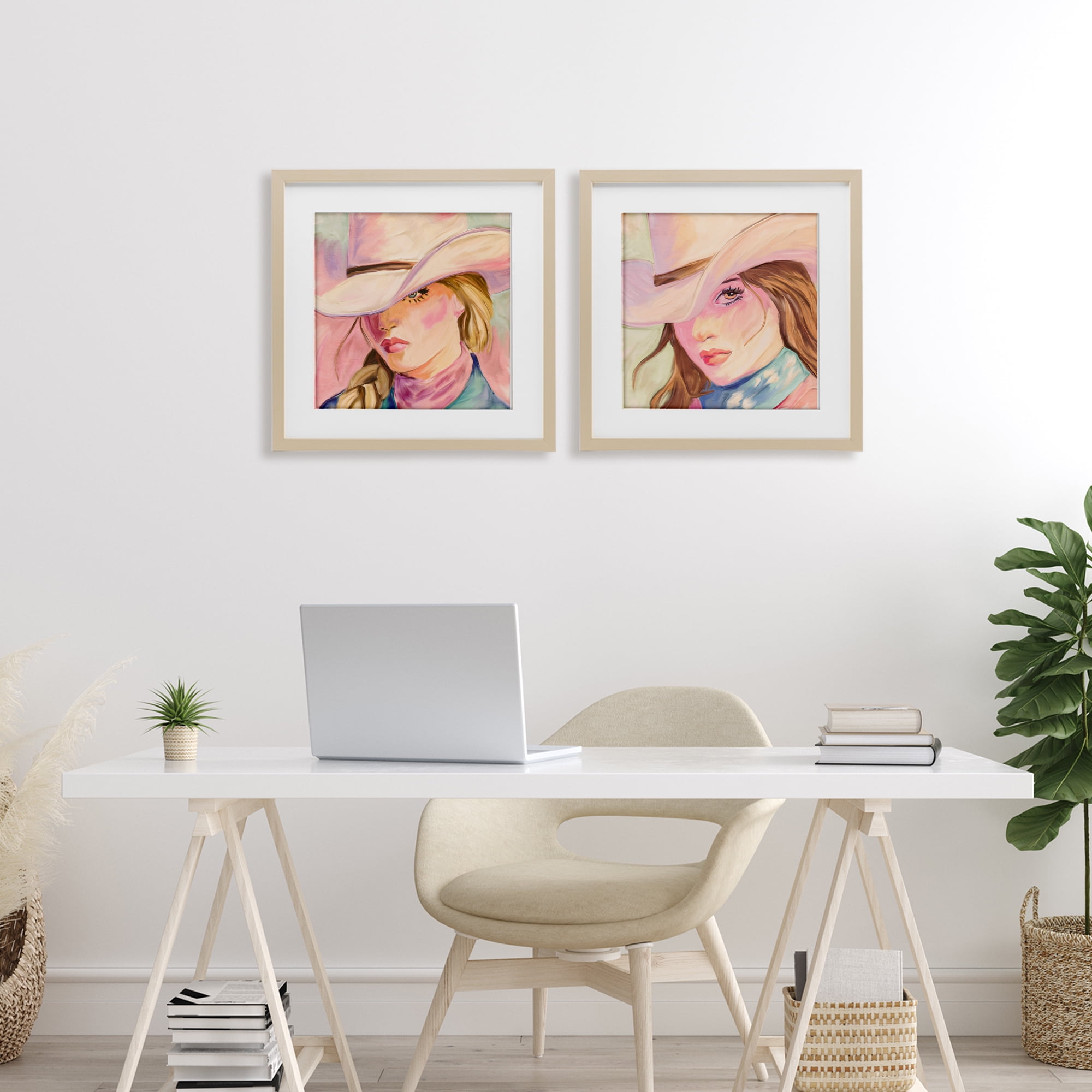 Pastel Cowgirls Gazing 2 Piece Birch Framed Print Under Glass Set, design by Kim Allen