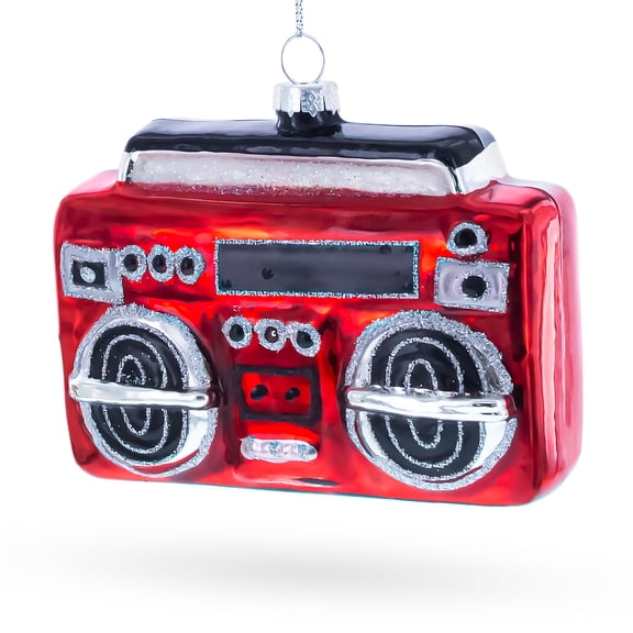 Retro Red Boombox Glass Christmas Ornament