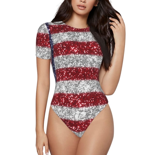 Balery America Flag Glitter Body de cuello redondo de manga corta para mujer Tops de manga corta Tops básicos-Small