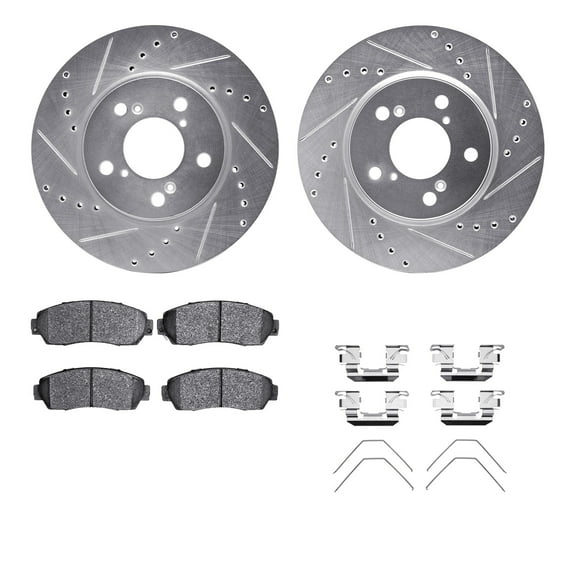 Dynamic Friction Company Front Brake Rotors-Drilled and Slotted-Silver with 5000 Advanced Brake Pads includes Hardware 7512-59075