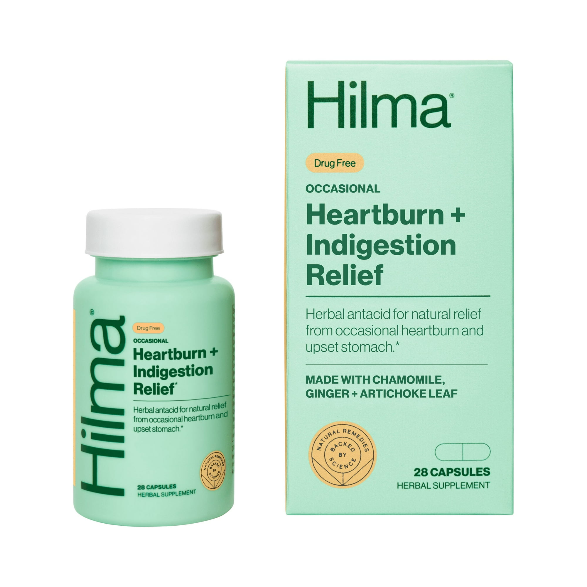 Hilma Occasional Heartburn + Indigestion Relief Herbal Supplement Vegan Capsules, Doctor Formulated, 28 Count
