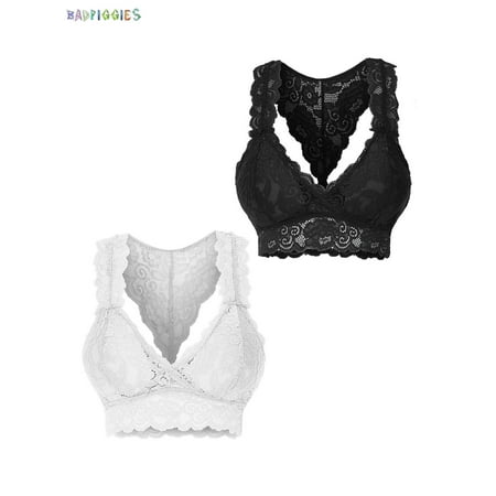 BadPiggies 2-Pack Women Plus Size Vest Crop Wire Free Bra Lace Lingerie Sexy V-Neck Underwear (S/M  Black+White)