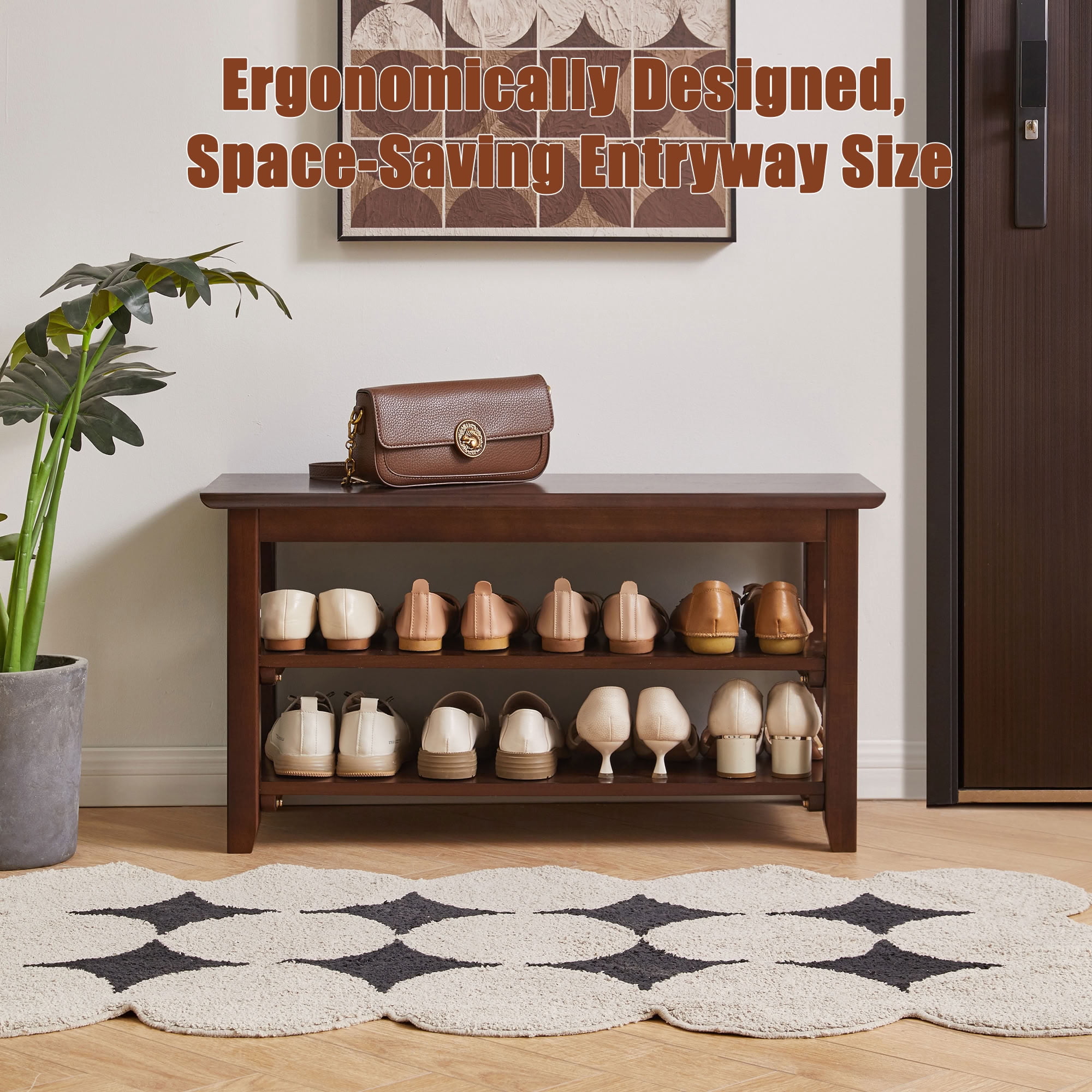 MAYEERTY 2-Tier Solid Wood Shoe Bench, Freestanding Entryway Shoe Rack Bench with Open Storage Shelves, for Hallway Mudroom Bedroom Small Spaces