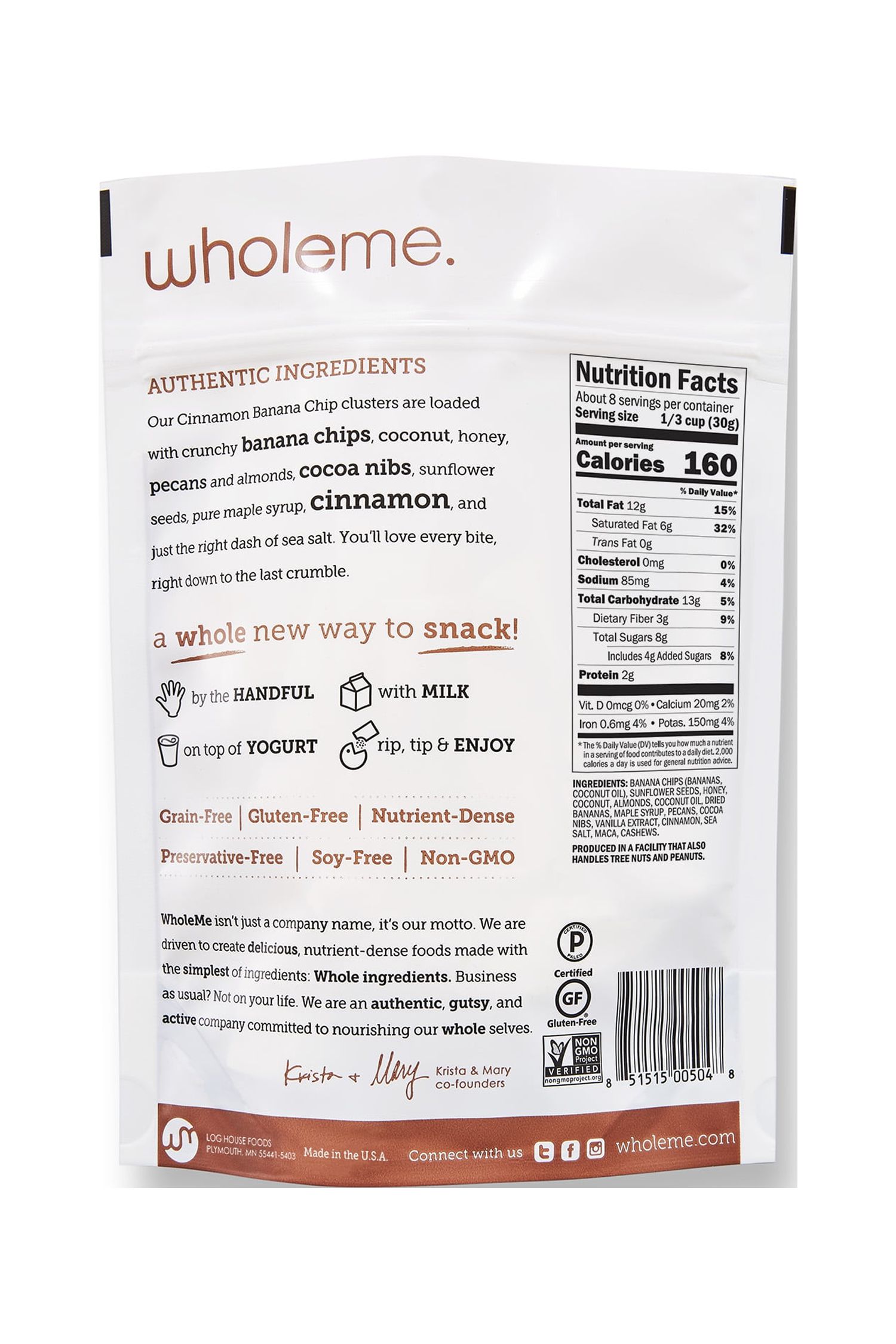 WholeMe, Grain-Free Granola, Gluten Free, Grain-Free Cinnamon Banana Chip Clusters, 8 oz