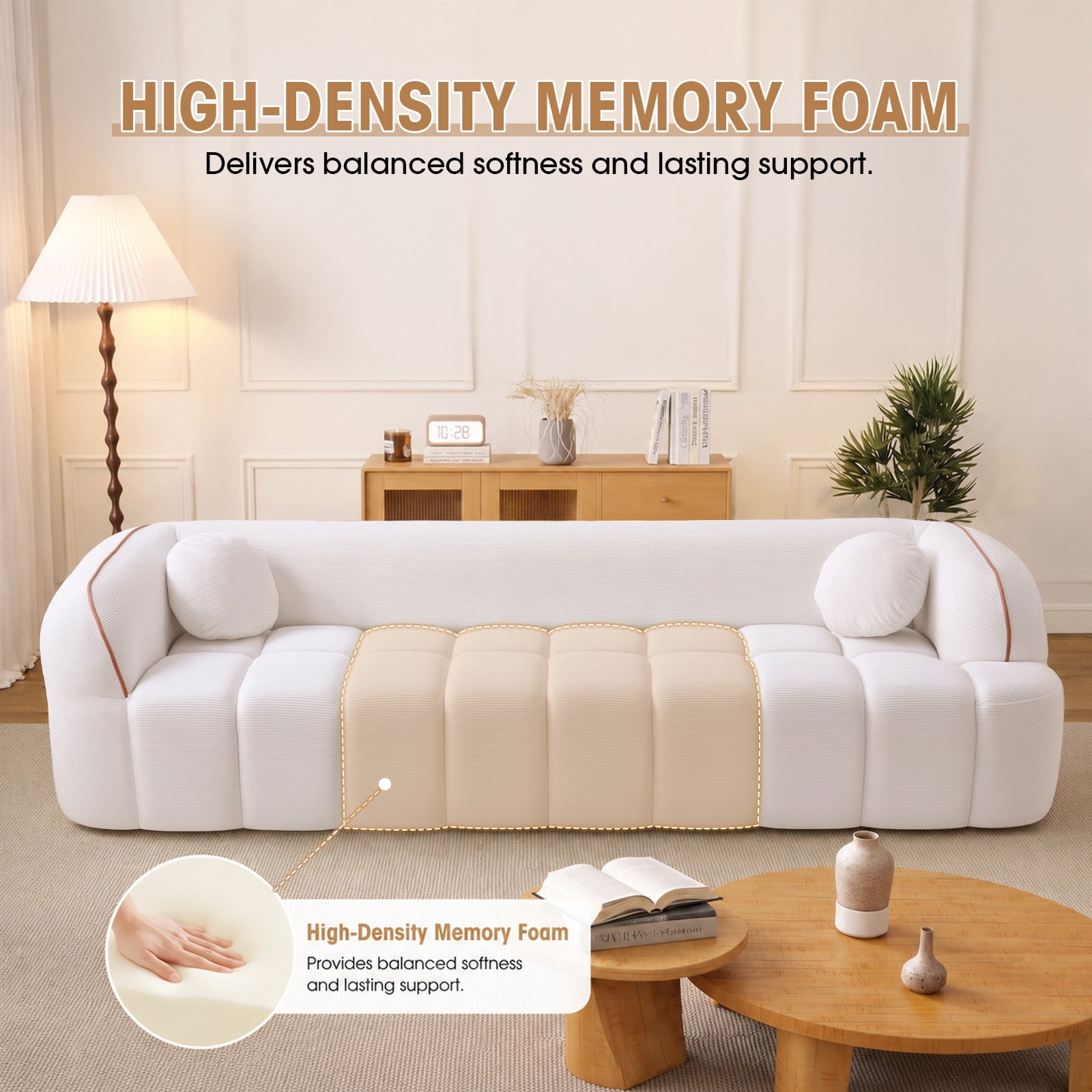 Lunale 98" Curved Bonelessd Sofa, 3-Seater Floor Cloud Couch, No Assembly Required, Modern Corduroy Bubble Sofa for Living Room, Beige