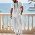 thumbnail image 6 of FRSASU Men's 2 Piece Linen Outfits Short Sleeve Henley Hooded Shirt and Beach Pants Set Casual Summer Matching Set White, 6 of 9