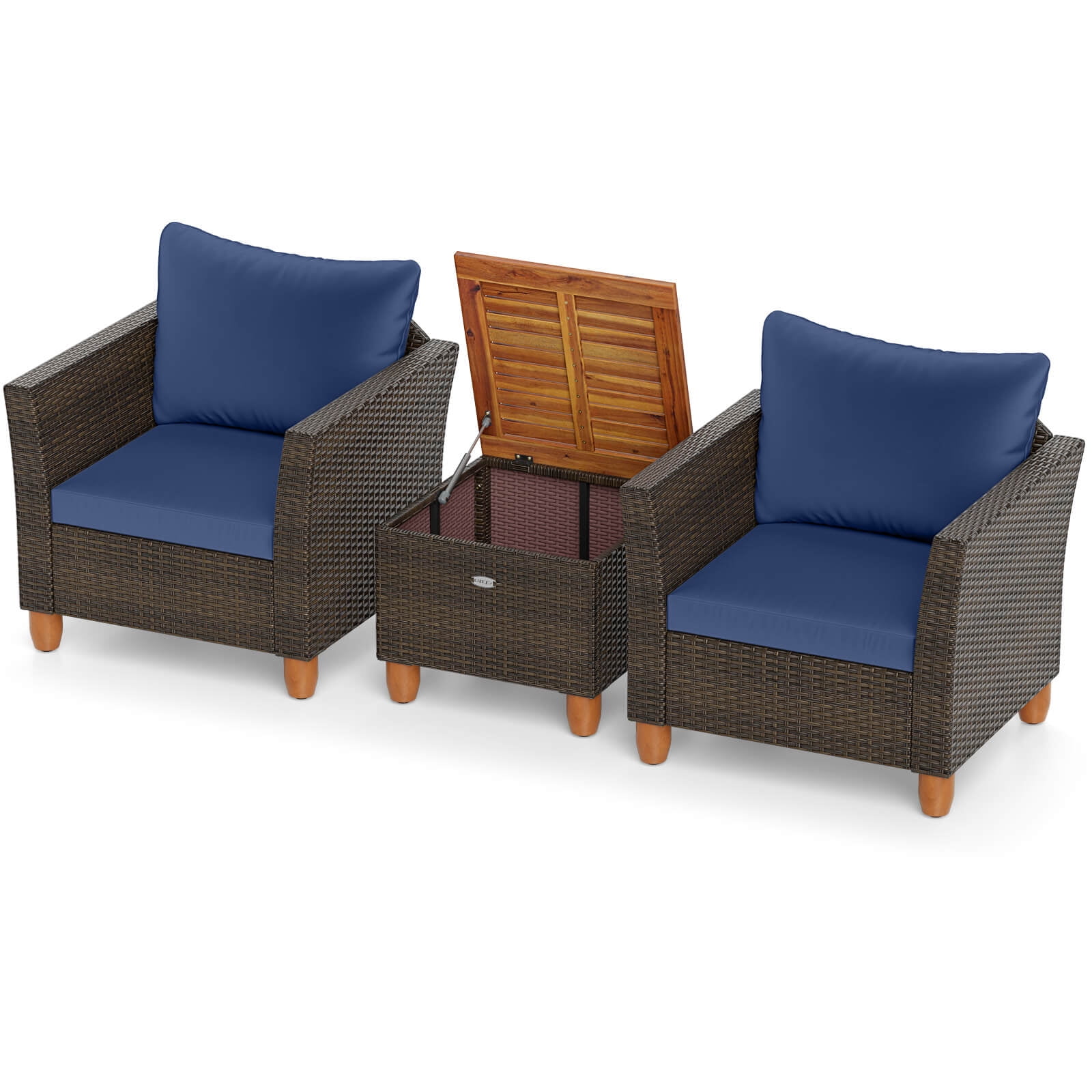 Costway 3 PCS Outdoor Patio Rattan Bistro Furniture Set Wooden Table Top Cushioned Sofa Navy
