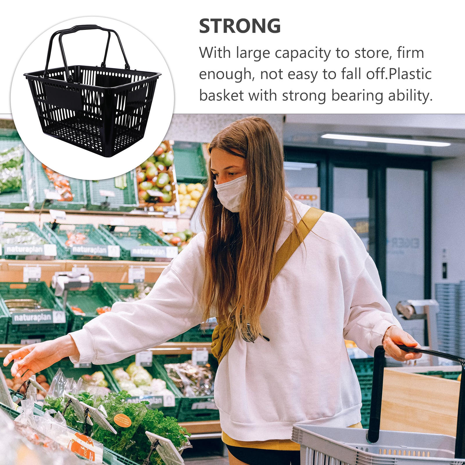 AURARMLET Black Plastic Shopping Basket Portable Handles for Home Storage 1Pc