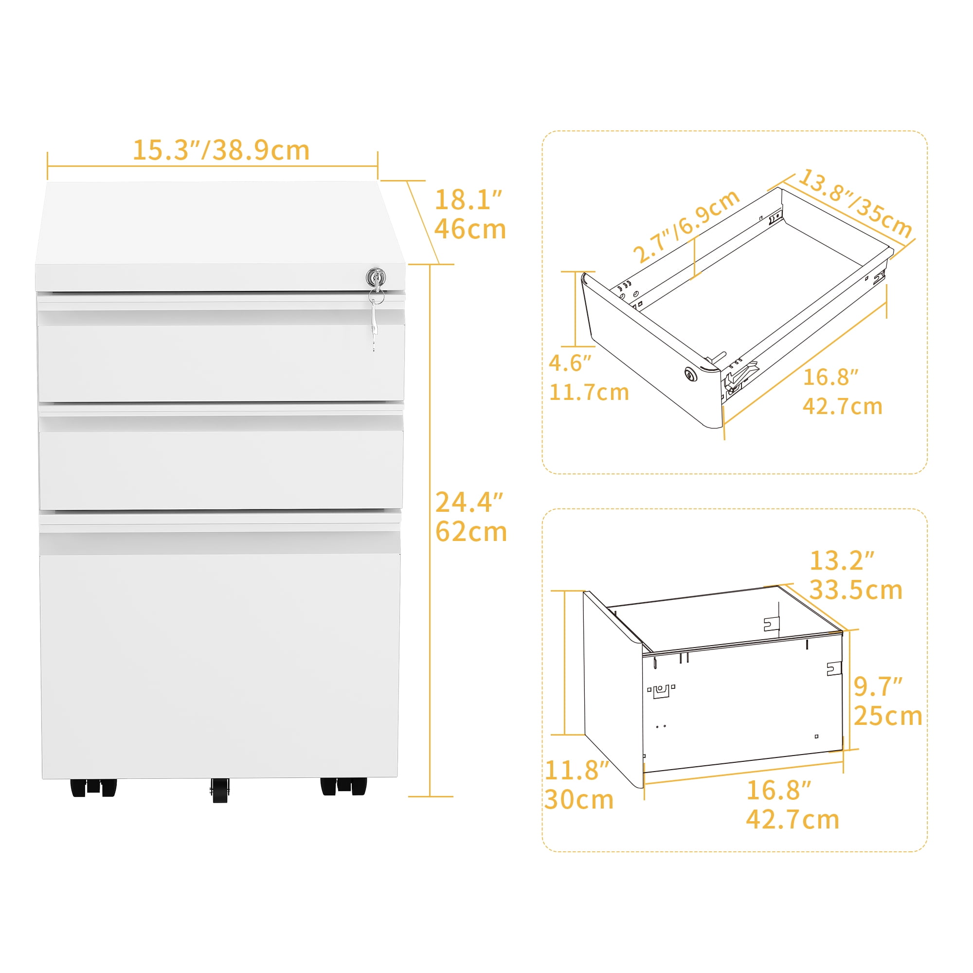 Uforic Fully Assembled 3-Drawer Lockable File Cabinet for Letter/Legal/A4 Size, Mobile Filing Cabinet with Wheels, White