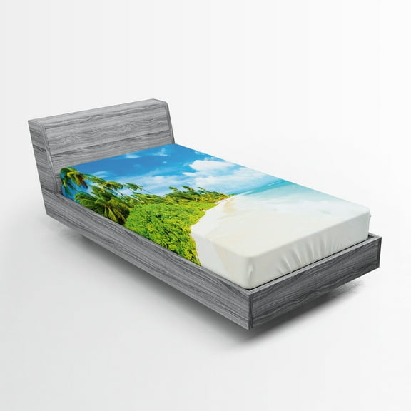 Ambesonne Ocean Fitted Sheet, Beach Sea Exotic Palms, Twin Size, Blue Green Cream