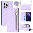 thumbnail image 1 of For Iphone 14 Pro Max Grid Texture Lanyard Zipper Leather Phone Case(Purple),iPhone 16 Plus, 1 of 6