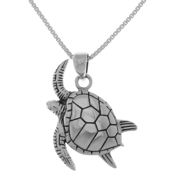 Sterling Silver Swimming Sea Turtle Pendant on 18 Inch Box Chain Necklace