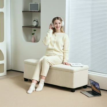 HOMCOM 44 Inches Storage Ottoman Bench, Corduroy End of Bed Foot Rest with Lid, Legs, Storage Chest for Living Room, Bedroom, Entryway, Beige