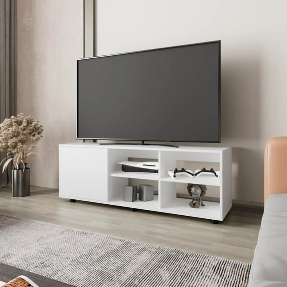 White TV Stand with Door and Open Storage