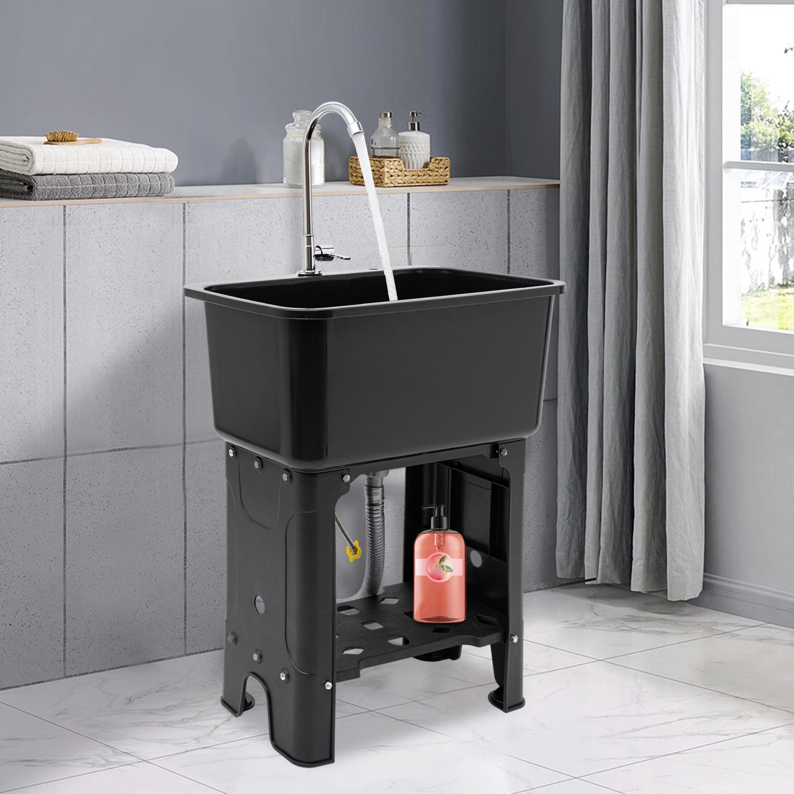 ToppiJoy Freestanding Utility Sink with 360° Rotating Faucet, Modern Black Design, Large Capacity for Laundry, Pets & Commercial Use