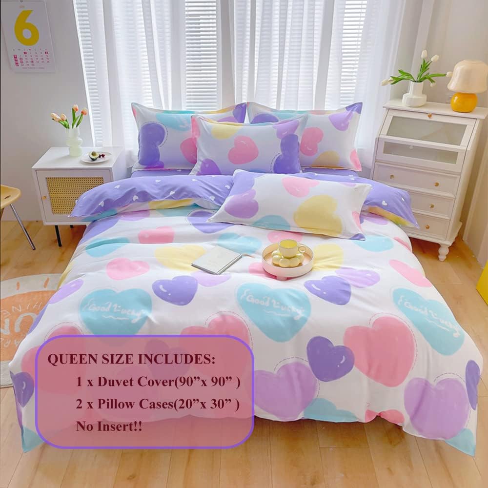 CinYana Colorful Love Heart Kids Duvet Cover,3 Pcs Kawaii Comforter Cover Set,Cute Bedding Set Zipper and 2 Pillowcase(Love,Full/Queen)