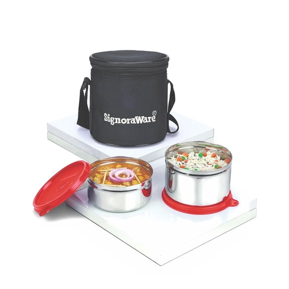 Executive Stainless Steel Lunch Box Set With Bag - Red | 2 Containers, 350ml+ 500ml - Stainless Steel Leak Proof Containers | Full Meal Boxes - Airtight, Freezer Safe, Microwave Safe, Dishwasher Safe