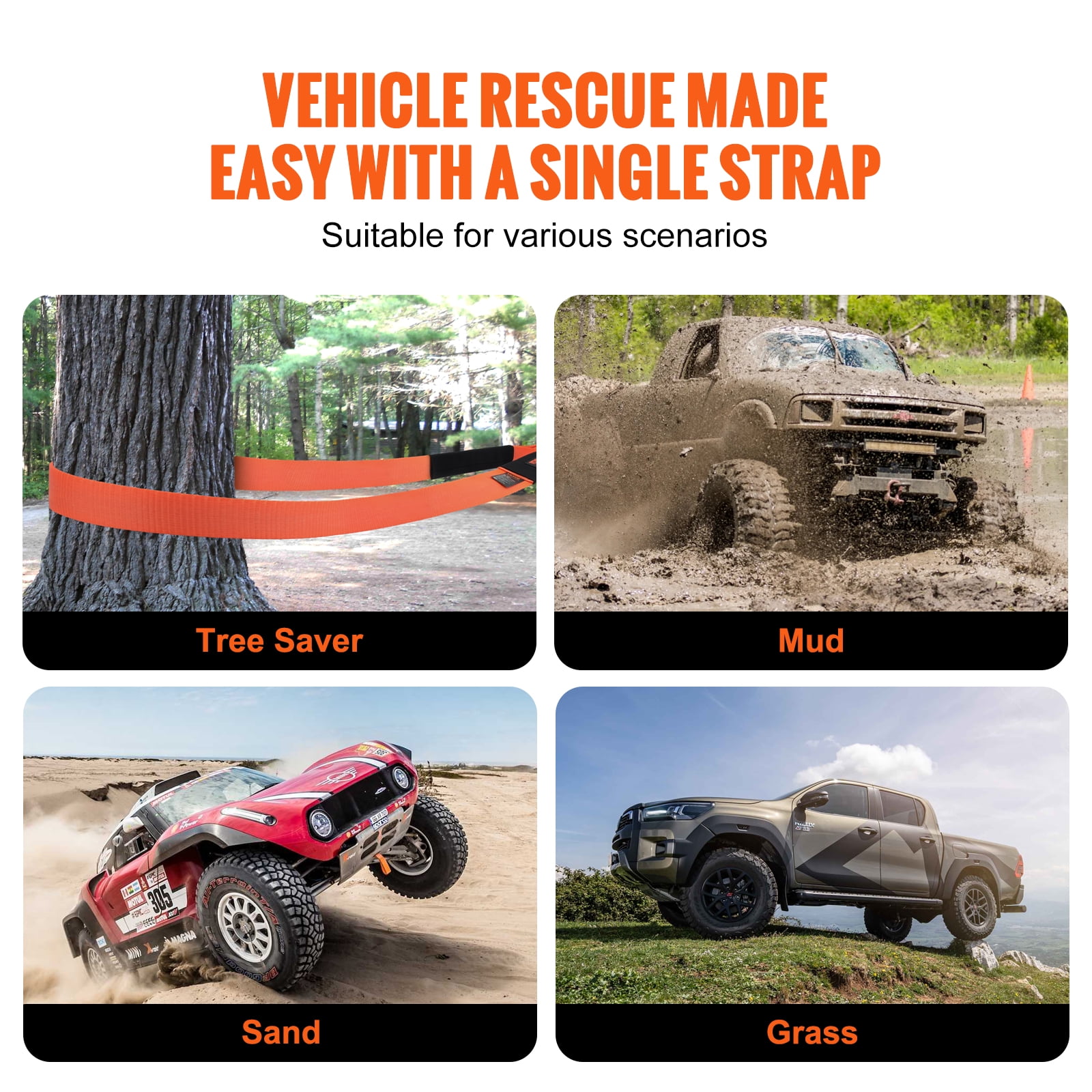 VEVOR Polyester Heavy Duty Tow Strap Recovery Kit 3" x 30 ft (MBS-36,000 lbs) Winch Strap,Triple Reinforced Loop,Snatch Strap + 2" Shackle Hitch Receiver + 3/4" D-Ring Shackles (2PCS) + Storage Bag