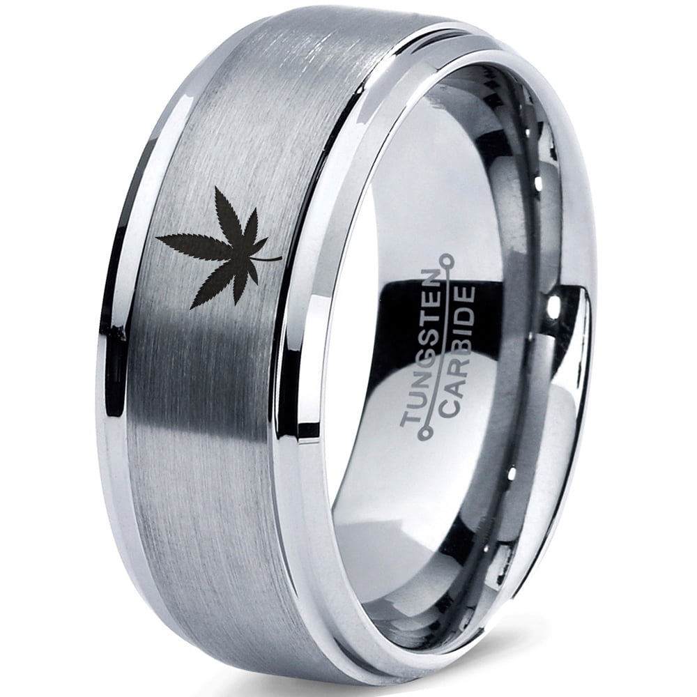 Black Brushed Grey Women Yellow Wedding 18k Rose Gold Step Bevel Edge Men Polished Tungsten Band 8mm Gift Dome Flat Marijuana Weed Cannabis Leaf Ring Blue