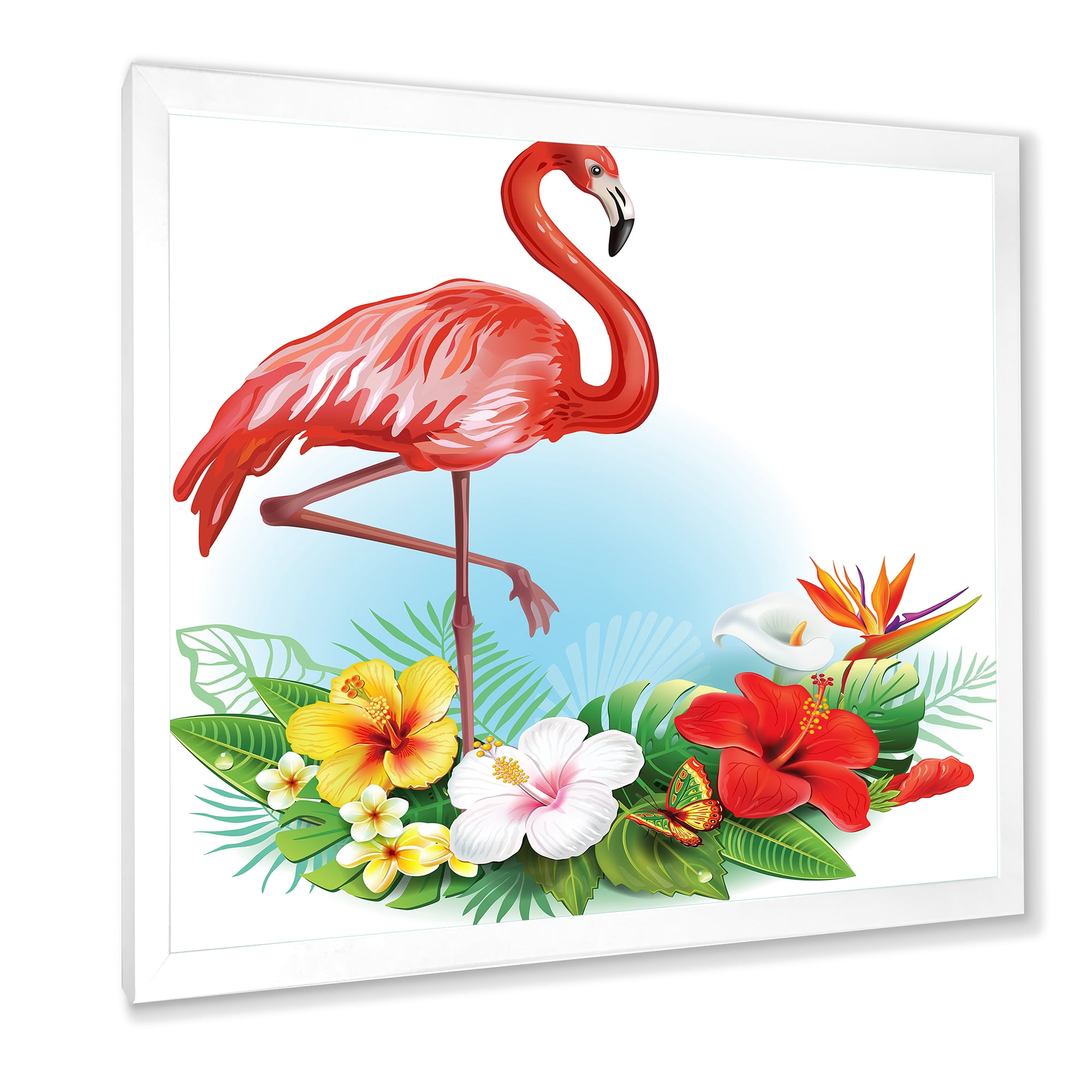 Designart 'Arrangement with Flamingo and Tropical Flowers' Traditional Framed Art Print