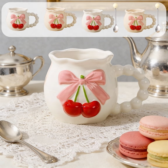 AZXY 12oz 3D Pink Bow & Cherry Ceramic Coffee Mug, Cute Beaded Handle Aesthetic Cup for Office & Home, Ideal Birthday, Bridesmaid Gift for Her, Women & Girls, Perfect for Coffee, Tea & Latte