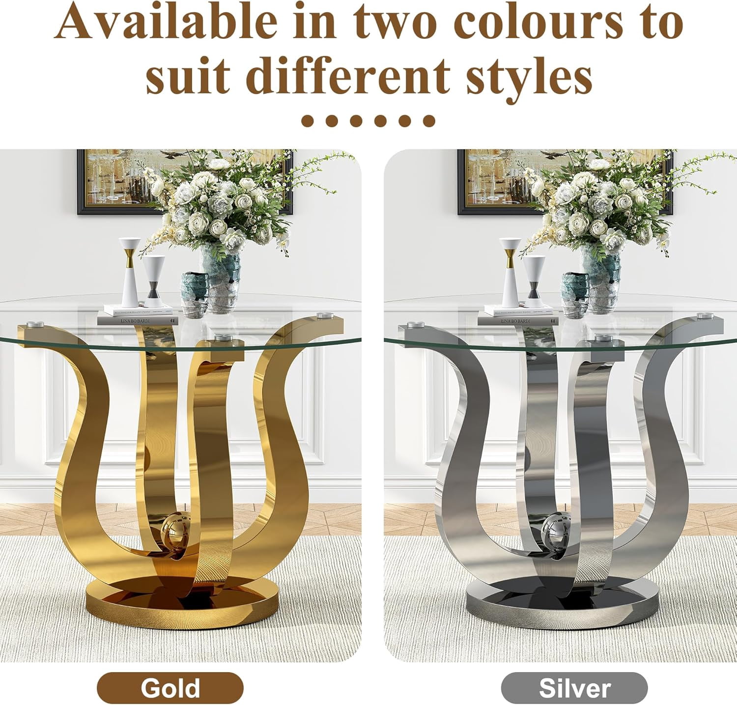 5-Piece Round Dining Table Set, Elegant Floral Stainless Steel Base with 47" Tempered Glass Top, 4 Velvet Tufted Dining Chairs, for Dining Rooms, Apartments
