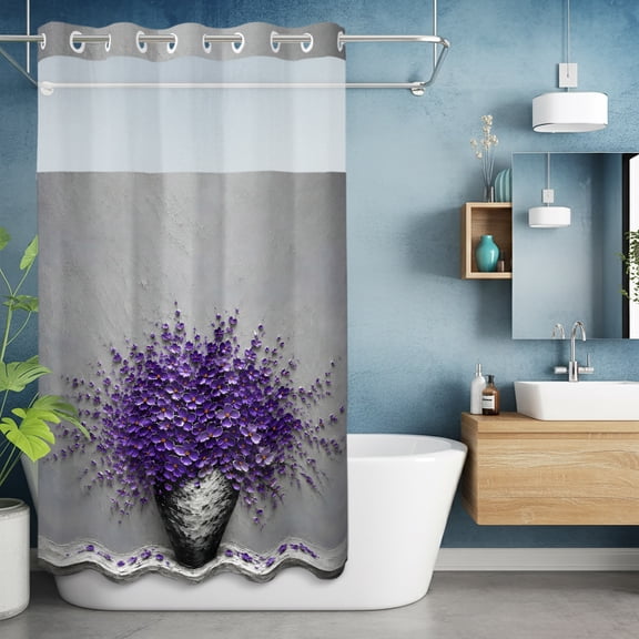 No Hook Shower Curtain with Snap in Liner, Boho Floral Modern Farmhouse Waterproof Fabric Bathroom Curtain Mesh Top Window, Watercolor Purple Flower Shower Curtains 36x72in