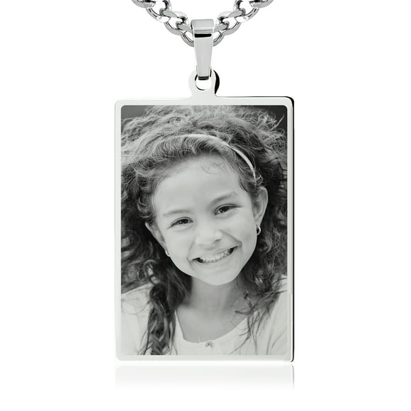 Photos Engraved - Custom Photo Engraved Small Rectangle Pendant in Stainless Steel - Free reverse side engraving - 18 in chain included - W-SRST