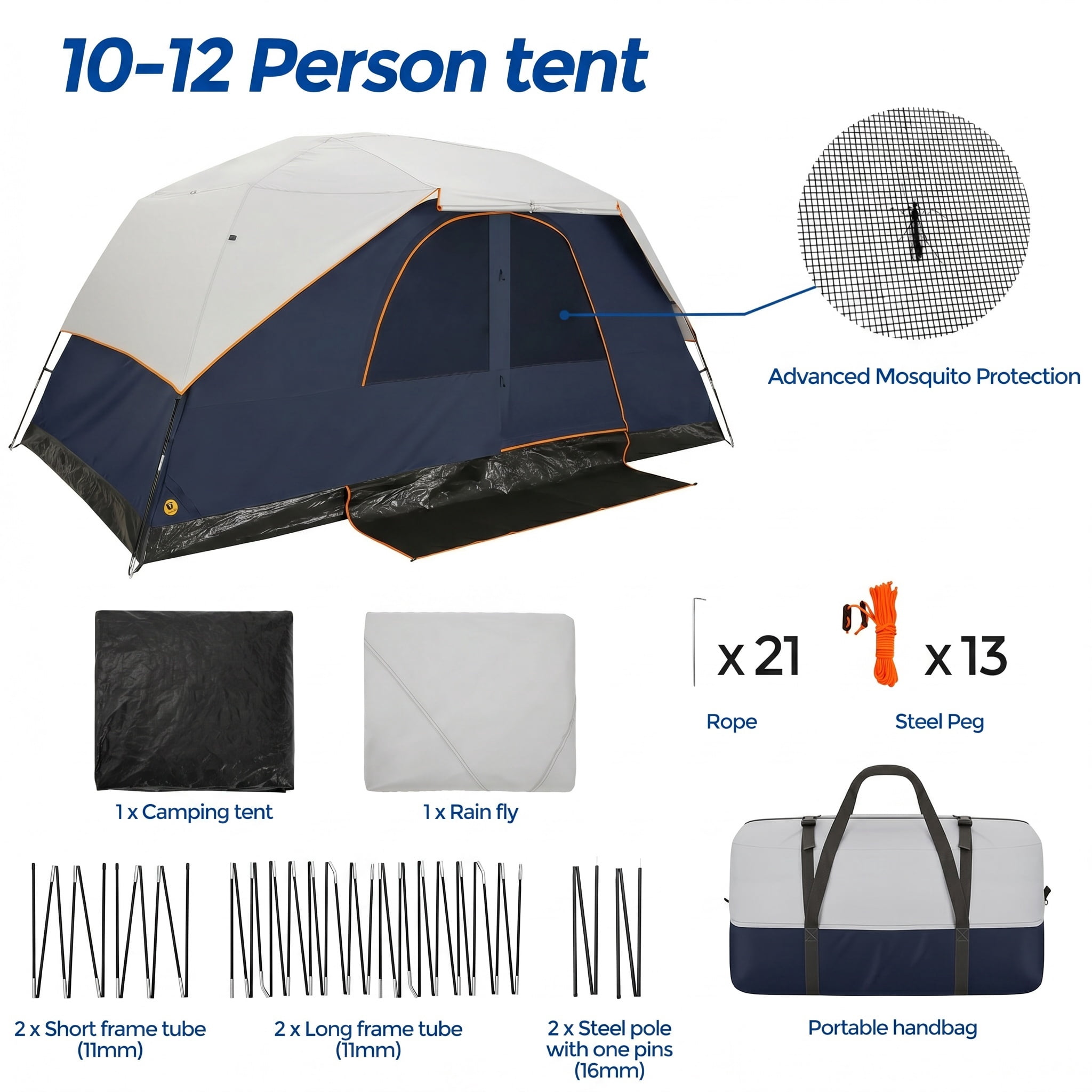SANOPY 10 Person Instant Camping Tent with Removable Rainfly, Auto Setup Pop Up Tent for Family Outdoor /Hiking/Traveling with Carry Bag, Blue